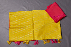 Shop beautiful yellow Kanjivaram silk sari online in USA with pink zari pallu. Keep your ethnic wardrobe up to date with latest designer sarees, pure silk sarees, handwoven sarees, tussar silk saris, embroidered sarees from Pure Elegance Indian saree store in USA.-blouse