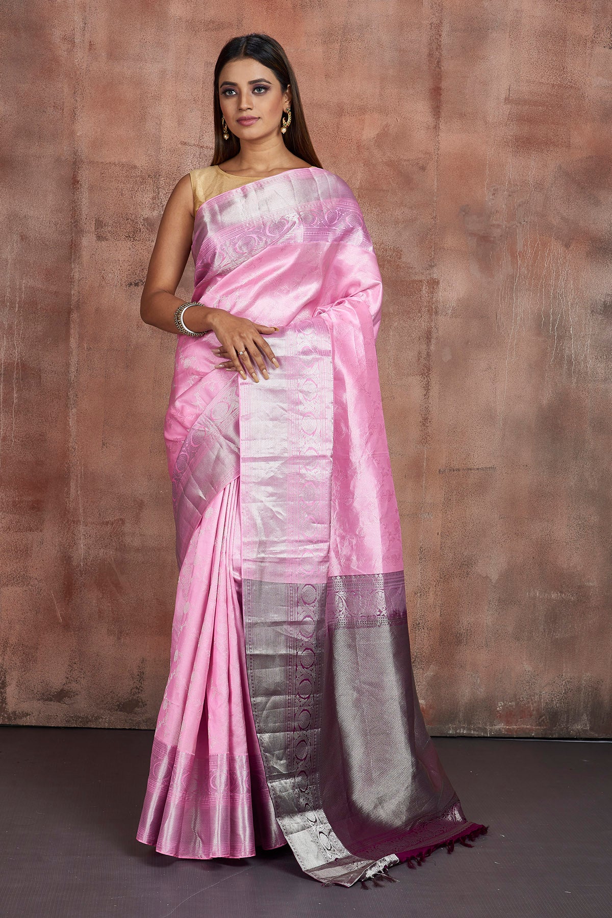 Beautiful Silver Zari work Border Peach Kanchipuram Soft Silk Saree Fo -  Blouse piece:Yes, the saree comes up with a Blouse piece of 0.8 meters.  This saree is new beautiful Design By