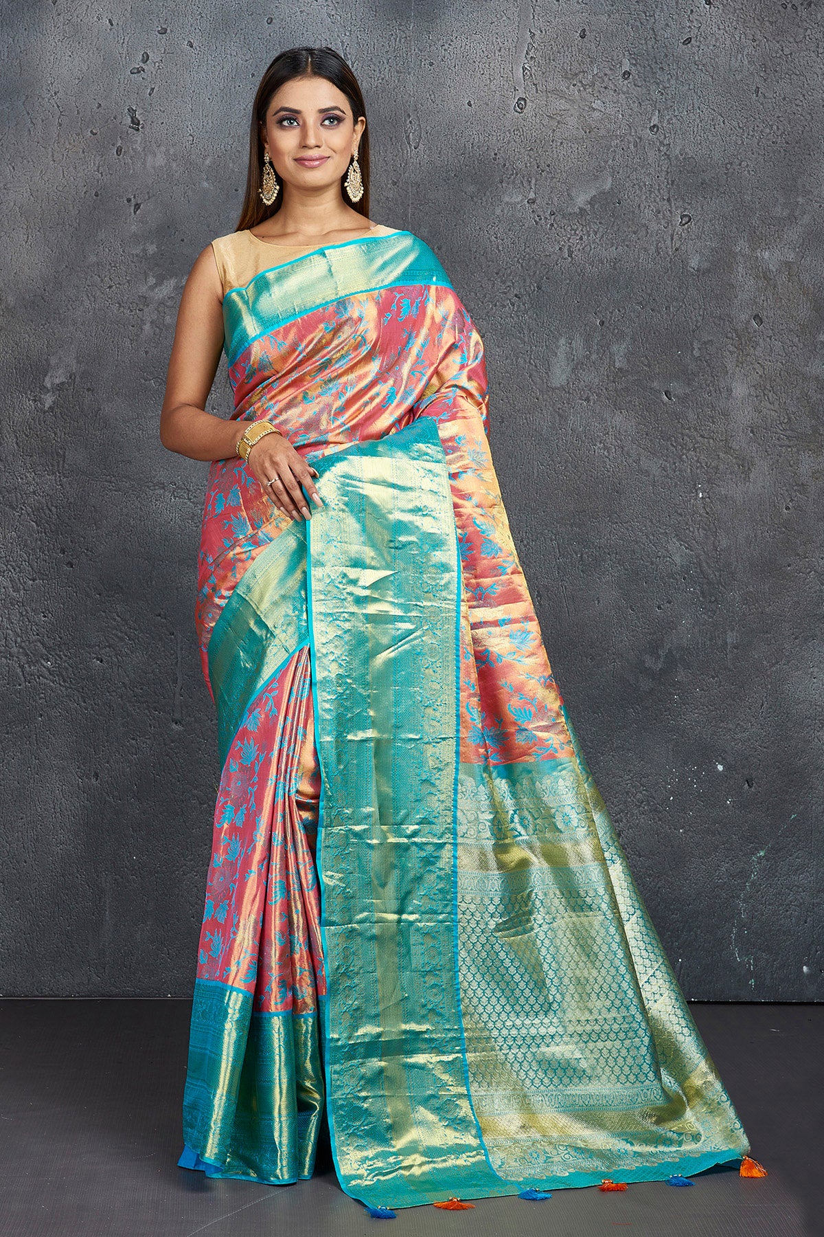 Buy stunning pink and blue Kanchipuram silk saree online in USA with meena zari work. Keep your ethnic wardrobe up to date with latest designer sarees, pure silk sarees, Kanchipuram silk sarees, handwoven sarees, tussar silk sarees, embroidered sarees from Pure Elegance Indian saree store in USA.-full view