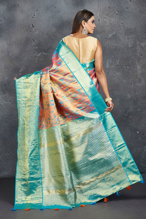 Buy stunning pink and blue Kanchipuram silk saree online in USA with meena zari work. Keep your ethnic wardrobe up to date with latest designer sarees, pure silk sarees, Kanchipuram silk sarees, handwoven sarees, tussar silk sarees, embroidered sarees from Pure Elegance Indian saree store in USA.-back