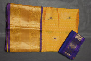 Shop yellow mangalgiri saree online in USA with purple zari pallu. Keep your ethnic wardrobe up to date with latest designer sarees, pure silk sarees, handwoven sarees, tussar silk sarees, embroidered sarees, printed sarees from Pure Elegance Indian saree store in USA.-blouse