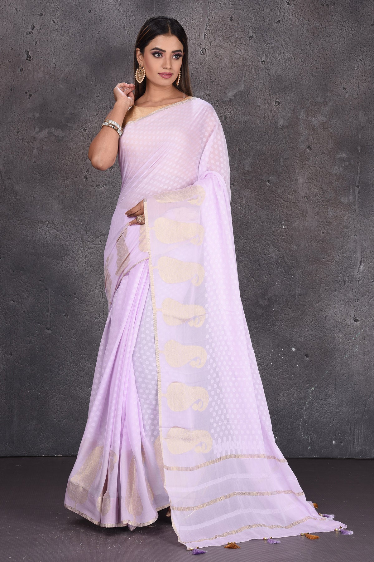 Shop stunning powder pink Mysore silk sari online in USA with paisley zari border. Keep your ethnic wardrobe up to date with latest designer sarees, pure silk sarees, handwoven sarees, tussar silk sarees, embroidered sarees, printed sarees from Pure Elegance Indian saree store in USA.-full view
