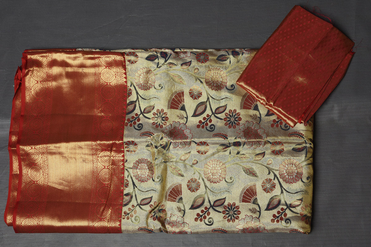 Shop stunning golden floral minakari zari Kanjeevaram sari online in USA with red golden border. Keep your ethnic wardrobe up to date with latest designer sarees, pure silk sarees, handwoven sarees, Kanchipuram silk sarees, embroidered sarees, georgette sarees from Pure Elegance Indian saree store in USA.-blouse