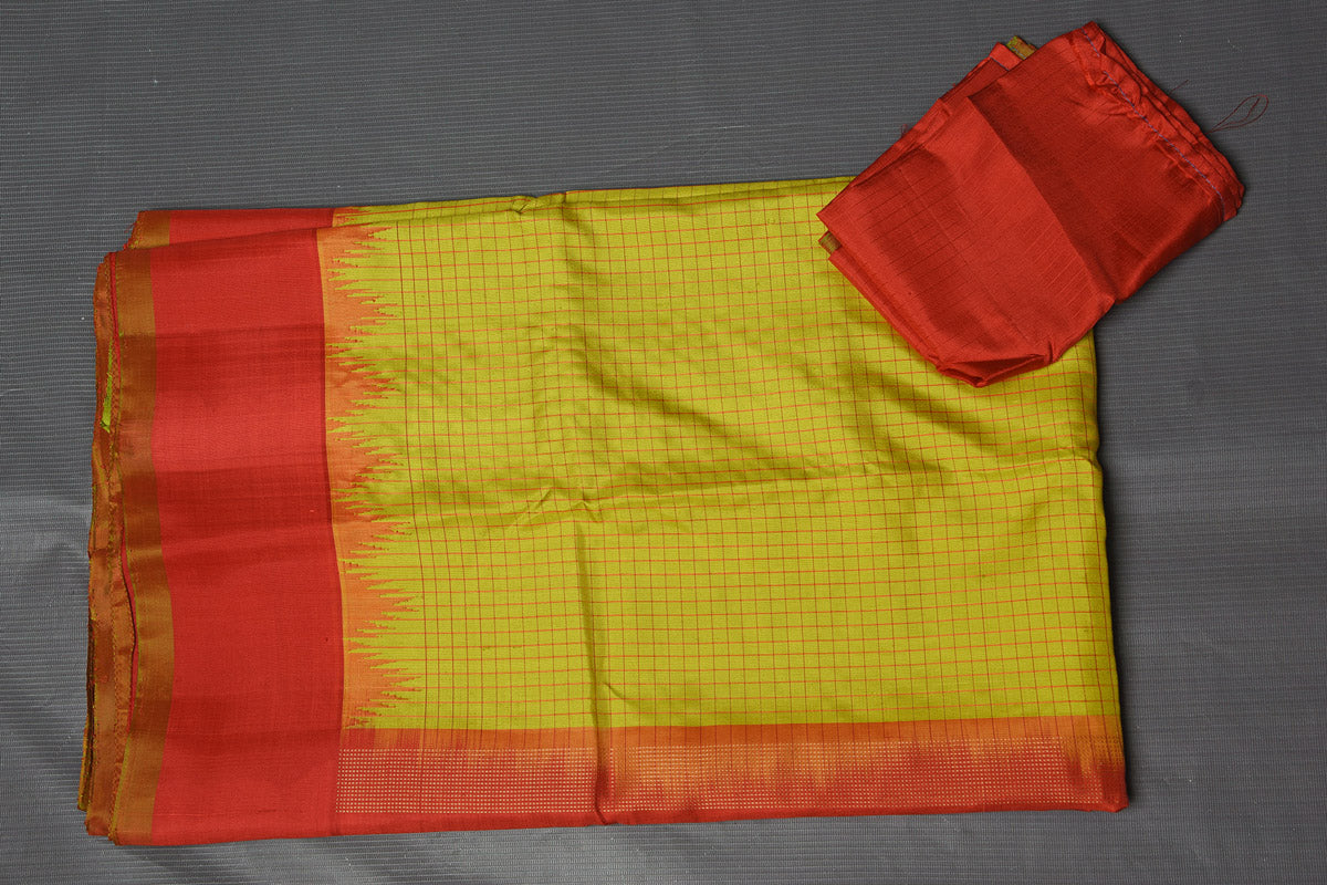 Buy beautiful yellow Gadhwal handloom silk sari online in USA with red zari border. Keep your ethnic wardrobe up to date with latest designer sarees, pure silk sarees, handwoven sarees, Kanchipuram silk sarees, embroidered sarees, georgette sarees from Pure Elegance Indian saree store in USA.-blouse