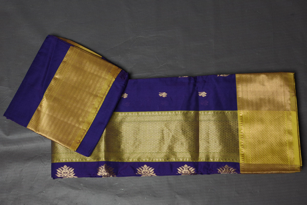 Shop stunning purple Katan silk sari online in USA with golden zari border. Keep your ethnic wardrobe up to date with latest designer sarees, pure silk sarees, handwoven sarees, tussar silk sarees, embroidered saris from Pure Elegance Indian saree store in USA.-blouse