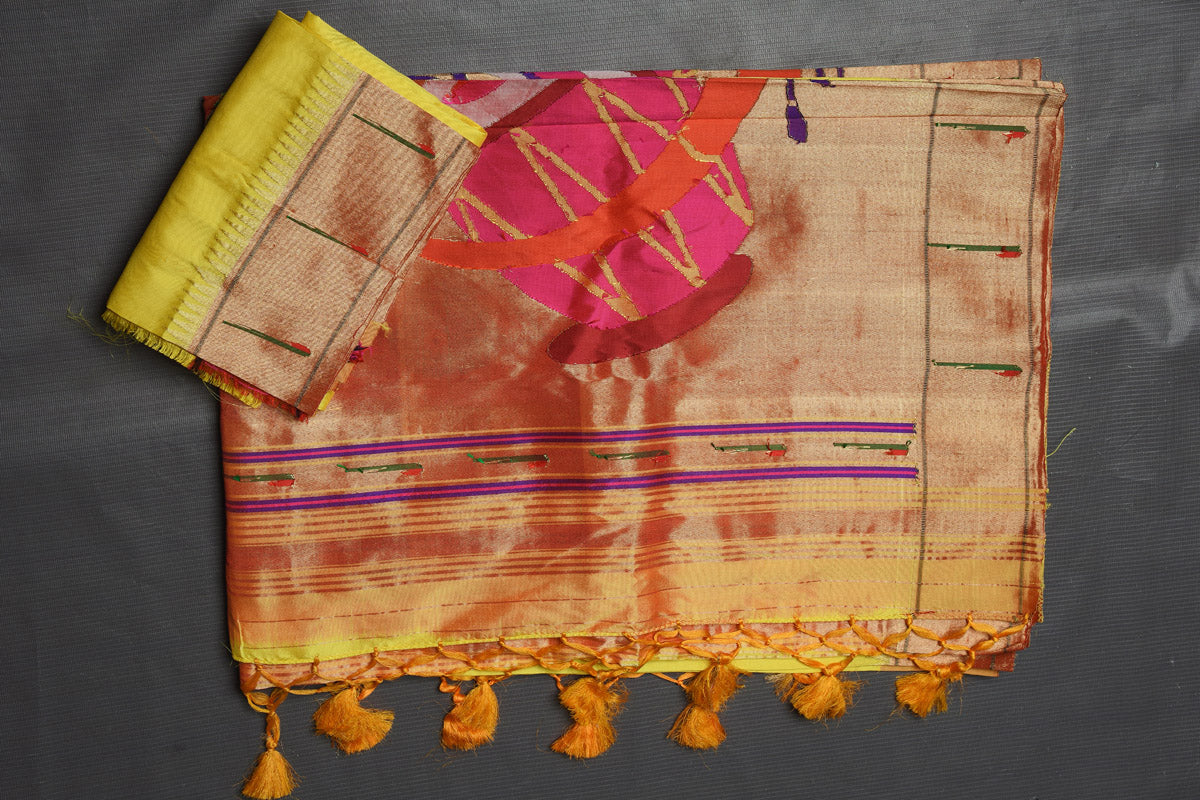 Shop beautifful yellow Paithani silk sari online in USA with single muniya zari border. Keep your ethnic wardrobe up to date with latest designer sarees, pure silk sarees, handwoven sarees, tussar silk sarees, embroidered saris, Paithani sarees from Pure Elegance Indian saree store in USA.-blouse