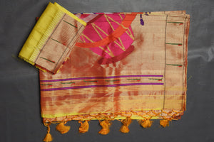 Shop beautifful yellow Paithani silk sari online in USA with single muniya zari border. Keep your ethnic wardrobe up to date with latest designer sarees, pure silk sarees, handwoven sarees, tussar silk sarees, embroidered saris, Paithani sarees from Pure Elegance Indian saree store in USA.-blouse