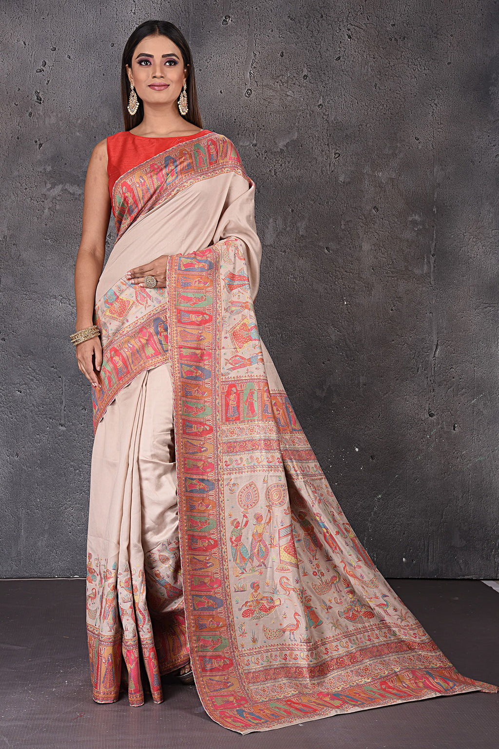 Buy gorgeous stunning beige Kani weave tussar silk sari online in USA. Keep your ethnic wardrobe up to date with latest designer sarees, pure silk sarees, handwoven sarees, tussar silk sarees, embroidered sarees from Pure Elegance Indian saree store in USA.-full view