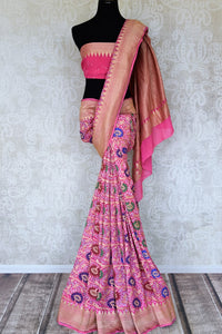 Shop beautiful pink georgette Bandhani saree online in USA with zari border. Add an elegant touch to your style with bandhej sarees, georgette saris, embroidered sarees, printed sarees, desinger sarees in USA from Pure Elegance Indian fashion store in USA.-full view