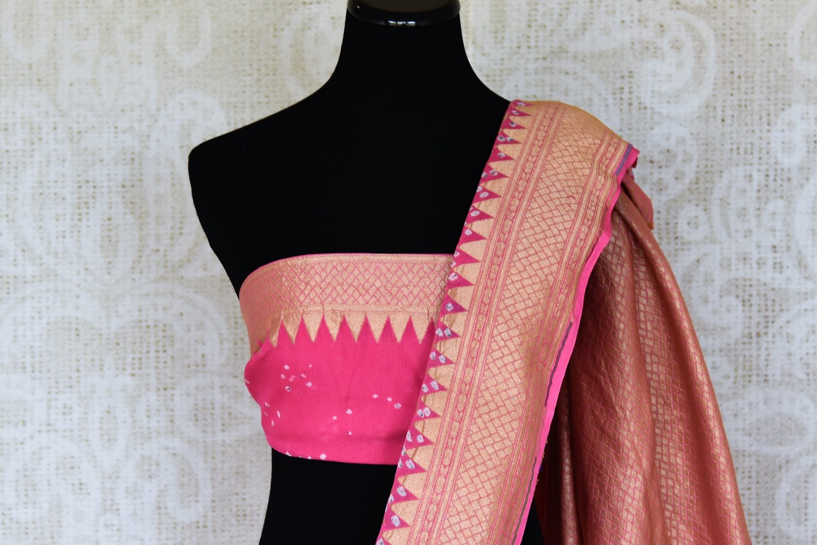 Shop beautiful pink georgette Bandhani saree online in USA with zari border. Add an elegant touch to your style with bandhej sarees, georgette saris, embroidered sarees, printed sarees, desinger sarees in USA from Pure Elegance Indian fashion store in USA.-blouse pallu