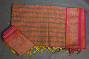 Buy beautiful pink Kanchipuram cotton saree online in USA with pink zari border. Flaunt your ethnic style on special occasions with latest designer sarees, pure silk sarees, handwoven sarees, Kanchipuram silk sarees, embroidered sarees, georgette sarees from Pure Elegance Indian saree store in USA.-blouse