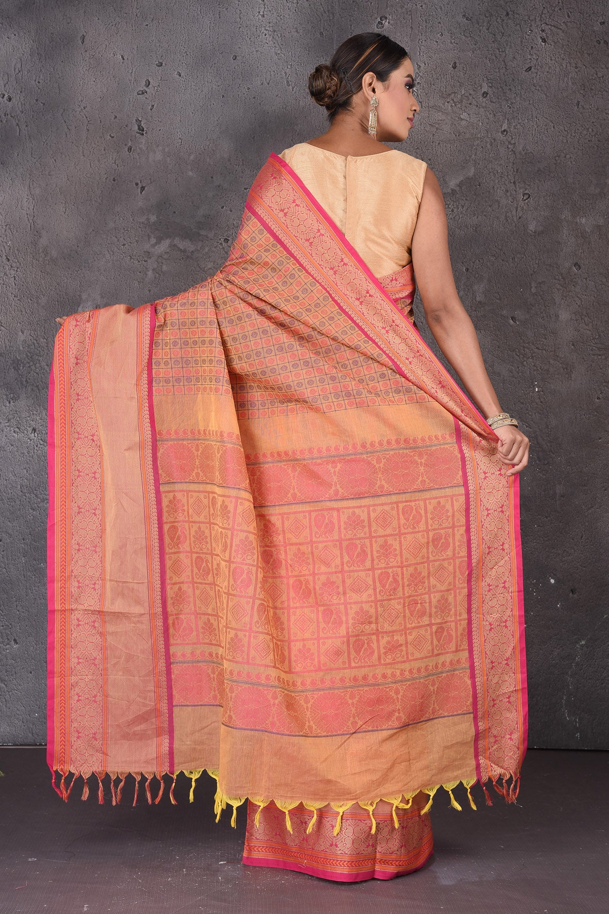Buy beautiful pink Kanchipuram cotton saree online in USA with pink zari border. Flaunt your ethnic style on special occasions with latest designer sarees, pure silk sarees, handwoven sarees, Kanchipuram silk sarees, embroidered sarees, georgette sarees from Pure Elegance Indian saree store in USA.-back
