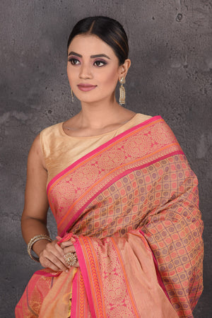Buy beautiful pink Kanchipuram cotton saree online in USA with pink zari border. Flaunt your ethnic style on special occasions with latest designer sarees, pure silk sarees, handwoven sarees, Kanchipuram silk sarees, embroidered sarees, georgette sarees from Pure Elegance Indian saree store in USA.-closeup