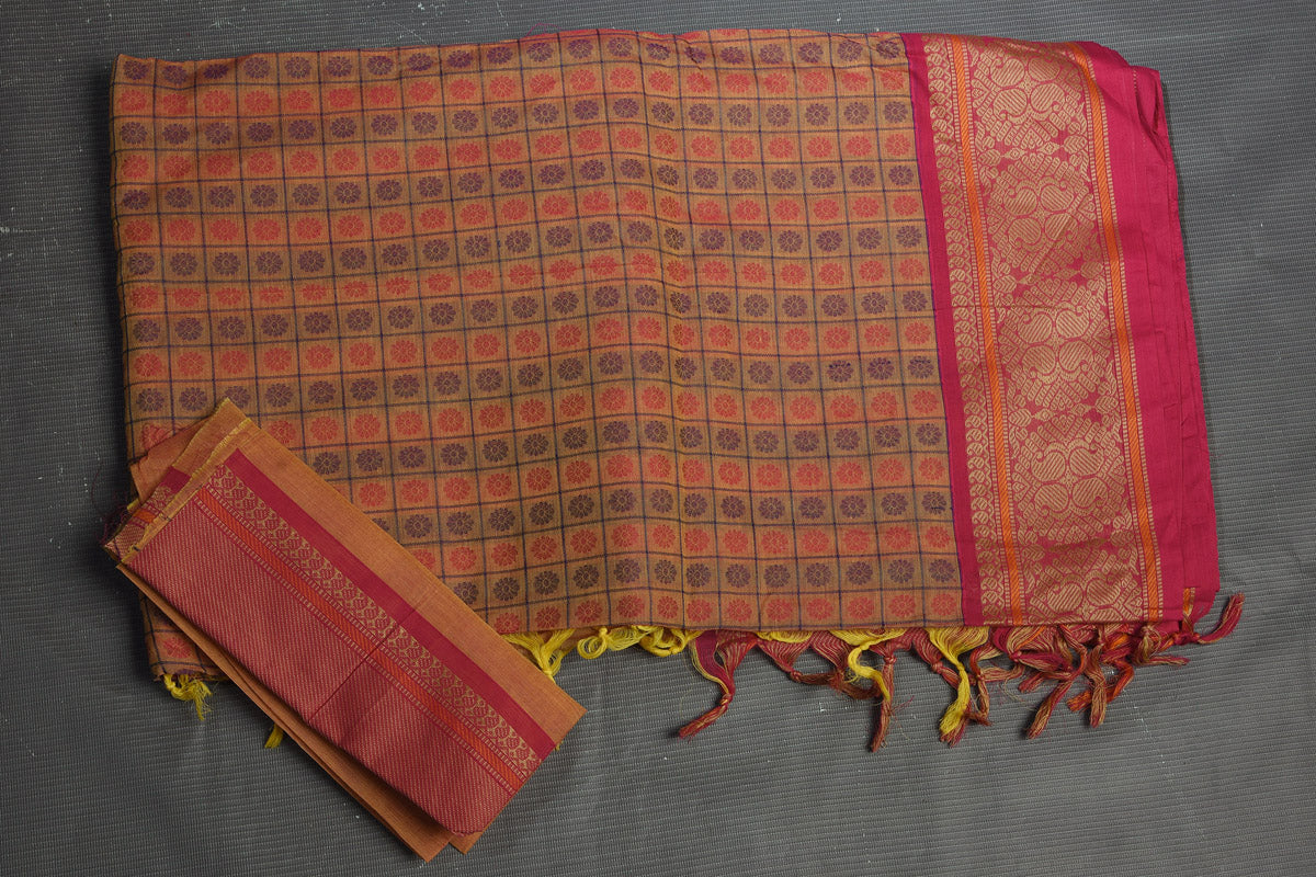 Buy beautiful brown and pink Kanchipuram cotton sari online in USA with pink zari border. Flaunt your ethnic style on special occasions with latest designer sarees, pure silk sarees, handwoven sarees, Kanchipuram silk sarees, embroidered sarees, georgette sarees from Pure Elegance Indian saree store in USA.-blouse