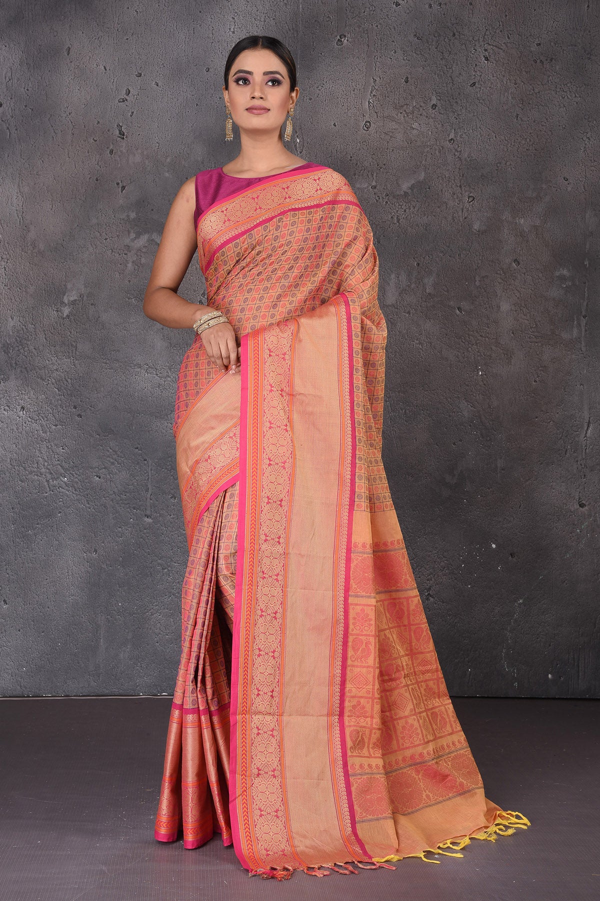 Buy beautiful brown and pink Kanchipuram cotton sari online in USA with pink zari border. Flaunt your ethnic style on special occasions with latest designer sarees, pure silk sarees, handwoven sarees, Kanchipuram silk sarees, embroidered sarees, georgette sarees from Pure Elegance Indian saree store in USA.-full view
