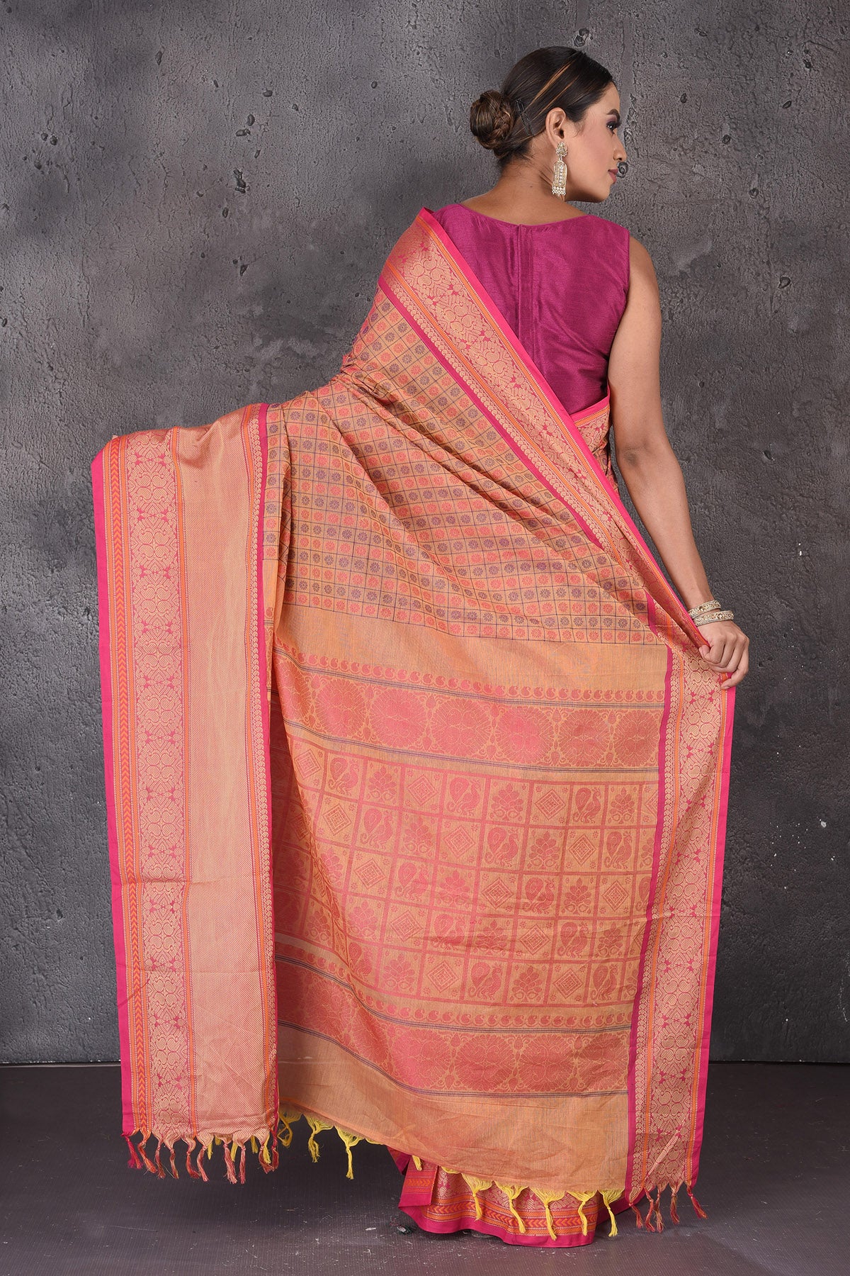 Buy beautiful brown and pink Kanchipuram cotton sari online in USA with pink zari border. Flaunt your ethnic style on special occasions with latest designer sarees, pure silk sarees, handwoven sarees, Kanchipuram silk sarees, embroidered sarees, georgette sarees from Pure Elegance Indian saree store in USA.-back