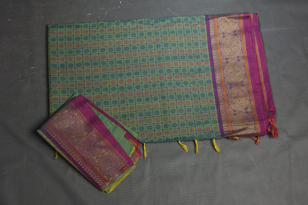 Shop beautiful pastel green Kanchipuram cotton sari online in USA with pink zari border. Flaunt your ethnic style on special occasions with latest designer sarees, pure silk sarees, handwoven sarees, Kanchipuram silk sarees, embroidered sarees, georgette sarees from Pure Elegance Indian saree store in USA.-blouse