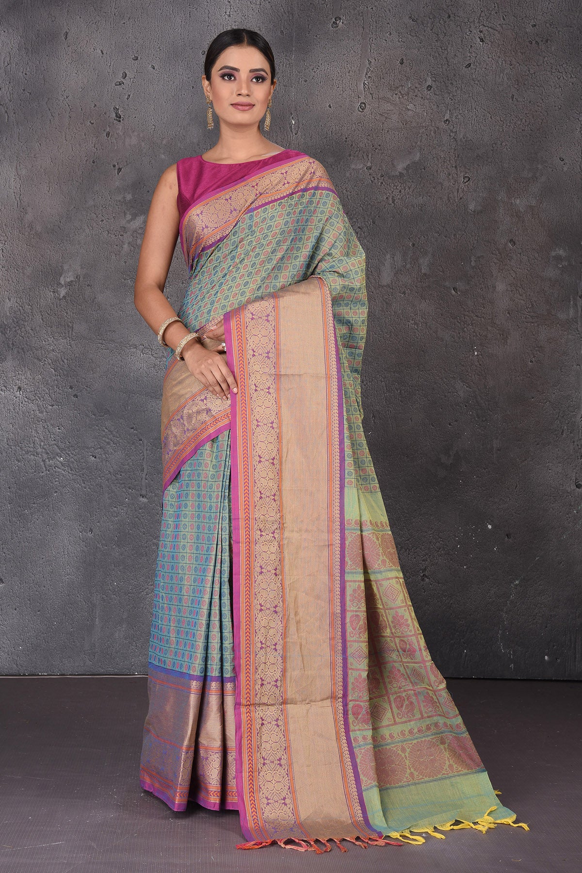 Shop beautiful pastel green Kanchipuram cotton sari online in USA with pink zari border. Flaunt your ethnic style on special occasions with latest designer sarees, pure silk sarees, handwoven sarees, Kanchipuram silk sarees, embroidered sarees, georgette sarees from Pure Elegance Indian saree store in USA.-full view