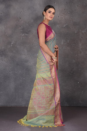 Shop beautiful pastel green Kanchipuram cotton sari online in USA with pink zari border. Flaunt your ethnic style on special occasions with latest designer sarees, pure silk sarees, handwoven sarees, Kanchipuram silk sarees, embroidered sarees, georgette sarees from Pure Elegance Indian saree store in USA.-side