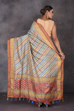 Buy beautiful grey and brown Patola silk saree online in USA with brown pallu. Flaunt your ethnic style on special occasions with latest designer sarees, pure silk sarees, handwoven sarees, Kanchipuram silk sarees, embroidered sarees, georgette sarees from Pure Elegance Indian saree store in USA.-back