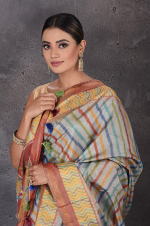 Buy beautiful grey and brown Patola silk saree online in USA with brown pallu. Flaunt your ethnic style on special occasions with latest designer sarees, pure silk sarees, handwoven sarees, Kanchipuram silk sarees, embroidered sarees, georgette sarees from Pure Elegance Indian saree store in USA.-closeup