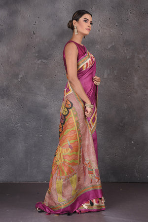 Buy stunning purple Kantha work tussar silk sari online in USA. Flaunt your ethnic style on special occasions with latest designer sarees, pure silk sarees, handwoven sarees, Kanchipuram silk sarees, embroidered sarees, georgette sarees from Pure Elegance Indian saree store in USA.-side