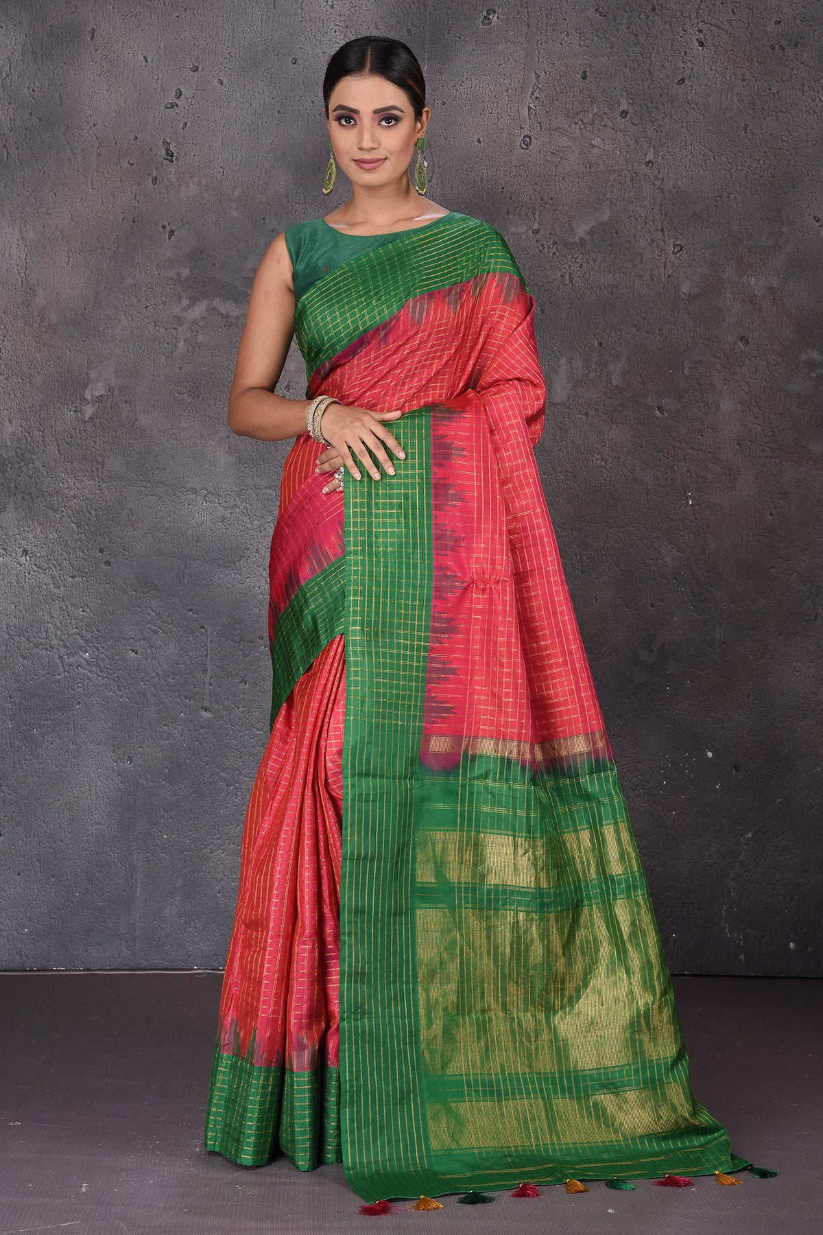 Buy beautiful pink zari check Gadhwal silk sari online in USA with pink temple border. Flaunt your ethnic style on special occasions with latest designer sarees, pure silk sarees, handwoven sarees, Kanchipuram silk sarees, embroidered sarees, georgette sarees, party sarees from Pure Elegance Indian saree store in USA.-full view