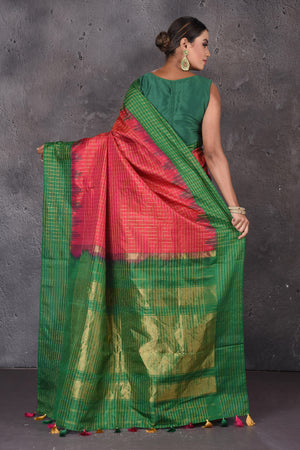 Buy beautiful pink zari check Gadhwal silk sari online in USA with pink temple border. Flaunt your ethnic style on special occasions with latest designer sarees, pure silk sarees, handwoven sarees, Kanchipuram silk sarees, embroidered sarees, georgette sarees, party sarees from Pure Elegance Indian saree store in USA.-back