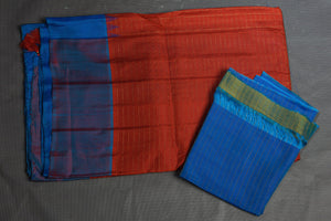 Buy stunning red zari check Gadhwal silk saree online in USA with blue temple border. Flaunt your ethnic style on special occasions with latest designer sarees, pure silk sarees, handwoven sarees, Kanchipuram silk sarees, embroidered sarees, georgette sarees, party sarees from Pure Elegance Indian saree store in USA.-blouse