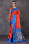 Buy stunning red zari check Gadhwal silk saree online in USA with blue temple border. Flaunt your ethnic style on special occasions with latest designer sarees, pure silk sarees, handwoven sarees, Kanchipuram silk sarees, embroidered sarees, georgette sarees, party sarees from Pure Elegance Indian saree store in USA.-full view