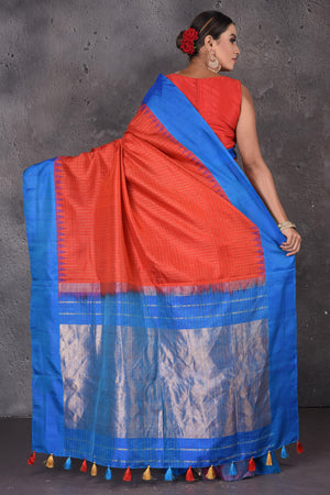 Buy stunning red zari check Gadhwal silk saree online in USA with blue temple border. Flaunt your ethnic style on special occasions with latest designer sarees, pure silk sarees, handwoven sarees, Kanchipuram silk sarees, embroidered sarees, georgette sarees, party sarees from Pure Elegance Indian saree store in USA.-back
