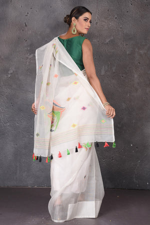 Shop stunning white resham Jamdani saree online in USA. Flaunt your ethnic style on special occasions with latest designer sarees, pure silk sarees, handwoven sarees, Kanchipuram silk sarees, embroidered sarees, georgette sarees, party sarees from Pure Elegance Indian saree store in USA.-back