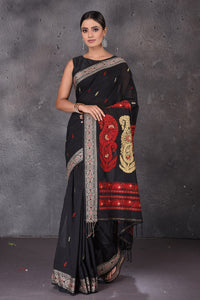 Shop beautiful black mercerised cotton sari online in USA with weave pallu. Flaunt your ethnic style on special occasions with latest designer sarees, pure silk sarees, handwoven sarees, Kanchipuram silk sarees, embroidered sarees, georgette sarees, party sarees from Pure Elegance Indian saree store in USA.-full view