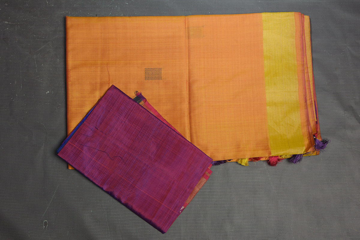 Buy beautiful yellow Bishnupur silk sari online in USA with pink and purple stripes pallu. Flaunt your ethnic style on special occasions with latest designer sarees, pure silk sarees, handwoven sarees, Kanchipuram silk sarees, embroidered sarees, georgette sarees, party sarees from Pure Elegance Indian saree store in USA.-blouse