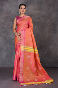 Shop beautiful orange Bishnupur silk saree online in USA with pink zari border. Flaunt your ethnic style on special occasions with latest designer sarees, pure silk sarees, handwoven sarees, Kanchipuram silk sarees, embroidered sarees, georgette sarees, party sarees from Pure Elegance Indian saree store in USA.-full view