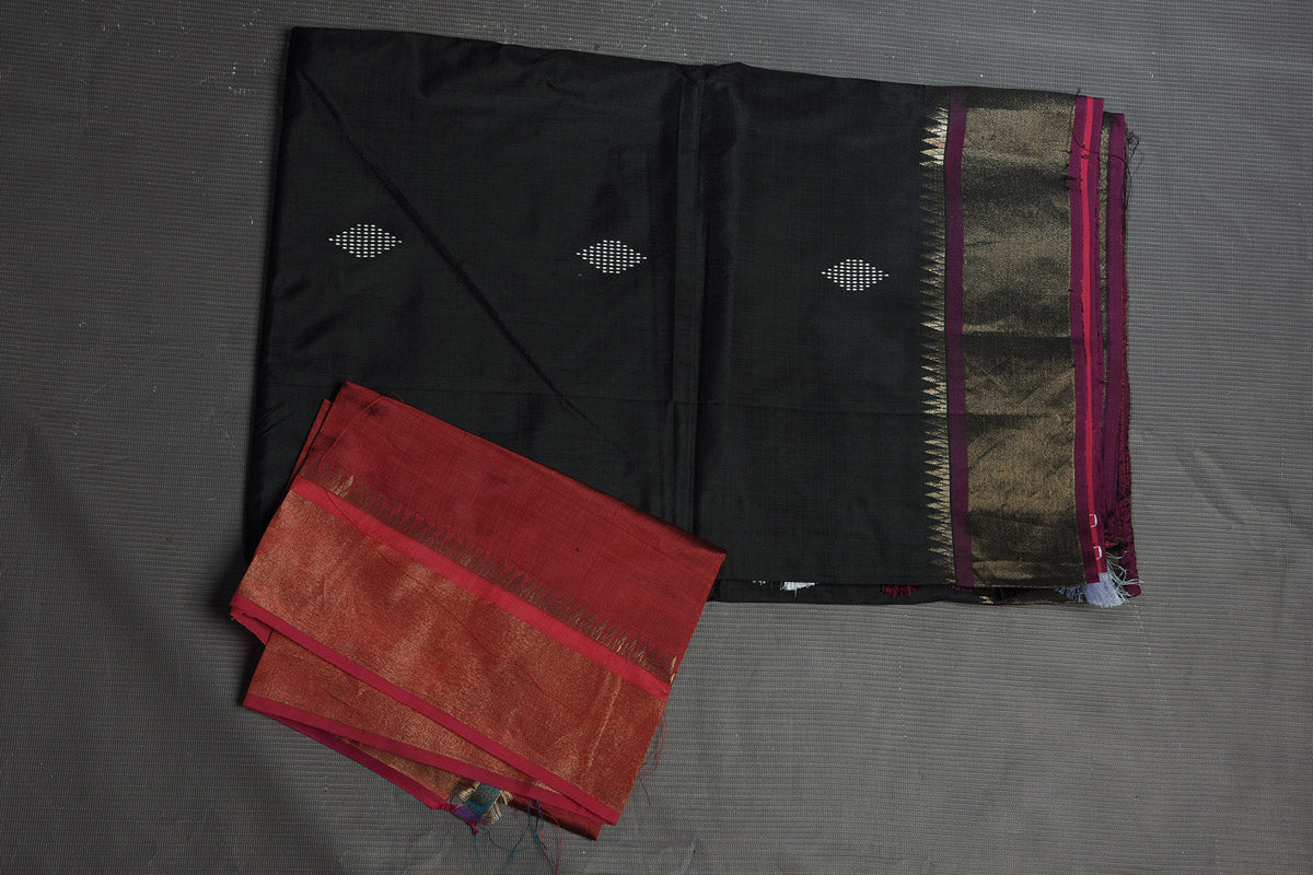 Buy beautiful black Bishnupur silk sari online in USA with red zari pallu. Flaunt your ethnic style on special occasions with latest designer sarees, pure silk sarees, handwoven sarees, Kanchipuram silk sarees, embroidered sarees, georgette sarees, party sarees from Pure Elegance Indian saree store in USA.-blouse