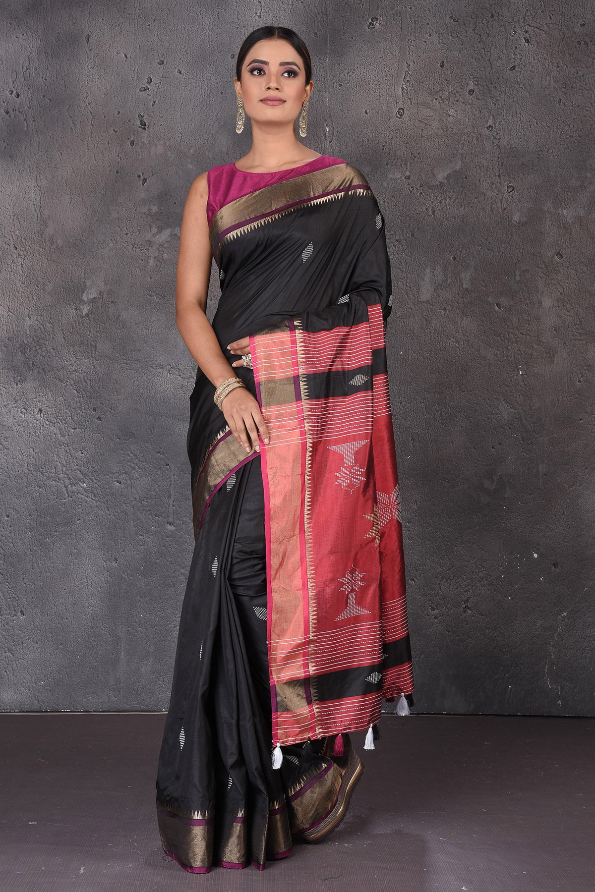 Buy beautiful black Bishnupur silk sari online in USA with red zari pallu. Flaunt your ethnic style on special occasions with latest designer sarees, pure silk sarees, handwoven sarees, Kanchipuram silk sarees, embroidered sarees, georgette sarees, party sarees from Pure Elegance Indian saree store in USA.-full view