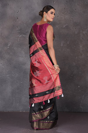 Buy beautiful black Bishnupur silk sari online in USA with red zari pallu. Flaunt your ethnic style on special occasions with latest designer sarees, pure silk sarees, handwoven sarees, Kanchipuram silk sarees, embroidered sarees, georgette sarees, party sarees from Pure Elegance Indian saree store in USA.-back