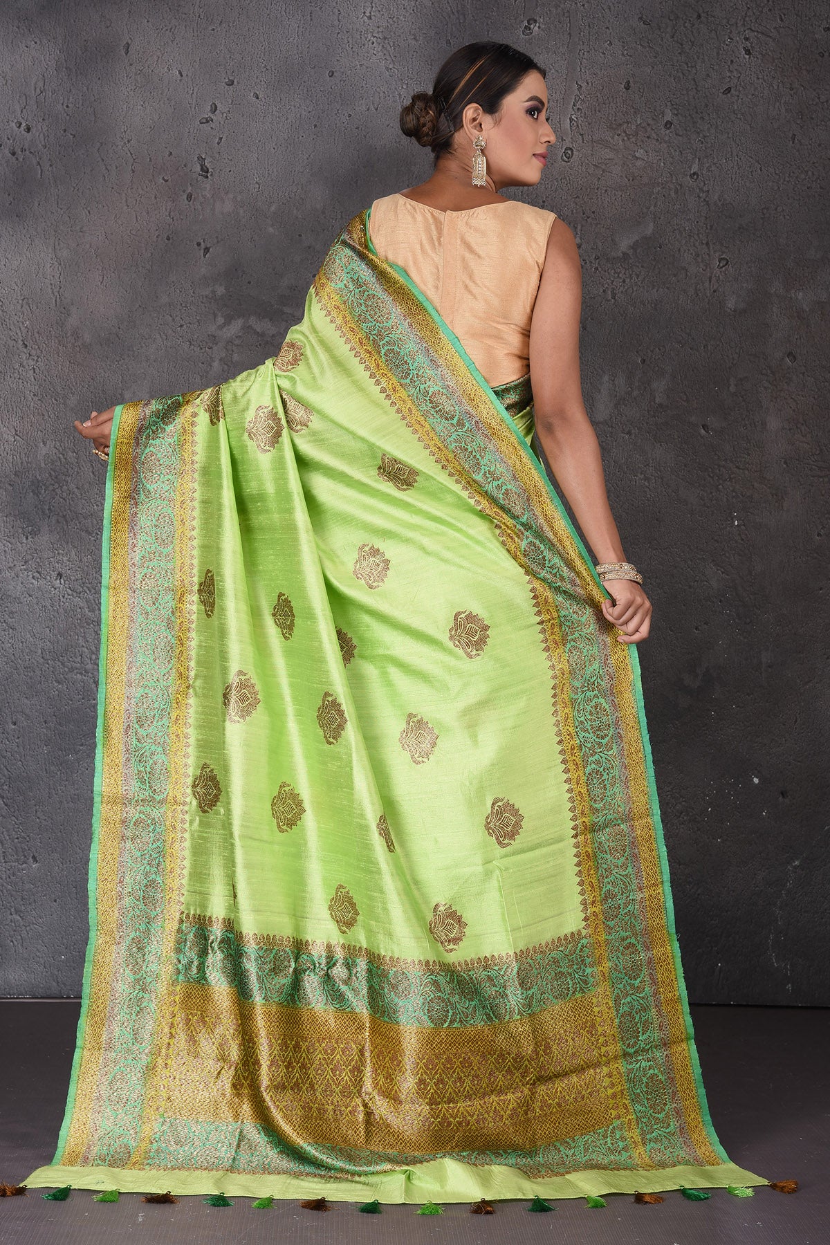 Buy beautiful pastel green dupion silk sari online in USA with antique zari border. Flaunt your ethnic style on special occasions with latest designer sarees, pure silk sarees, handwoven sarees, Kanchipuram silk sarees, embroidered sarees, georgette sarees, party sarees from Pure Elegance Indian saree store in USA.-back