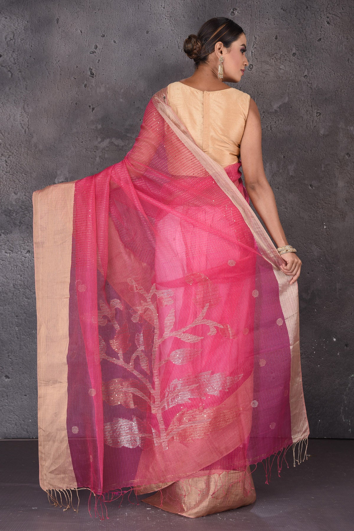 Shop stunning pink organza silk sari online in USA with golden zari border. Flaunt your ethnic style on special occasions with latest designer sarees, pure silk sarees, handwoven sarees, Kanchipuram silk sarees, embroidered sarees, georgette sarees, party sarees from Pure Elegance Indian saree store in USA.-back