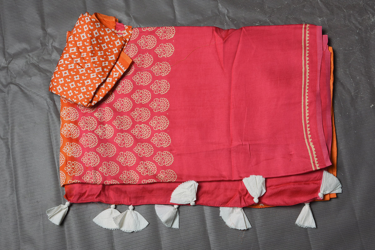 Shop gorgeous pink and orange modal silk saree online in USA. Keep your ethnic wardrobe up to date with latest designer sarees, pure silk sarees, handwoven sarees, tussar silk sarees, embroidered sarees from Pure Elegance Indian saree store in USA.-blouse