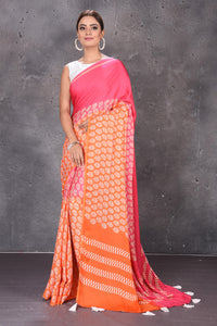 Shop gorgeous pink and orange modal silk saree online in USA. Keep your ethnic wardrobe up to date with latest designer sarees, pure silk sarees, handwoven sarees, tussar silk sarees, embroidered sarees from Pure Elegance Indian saree store in USA.-full view