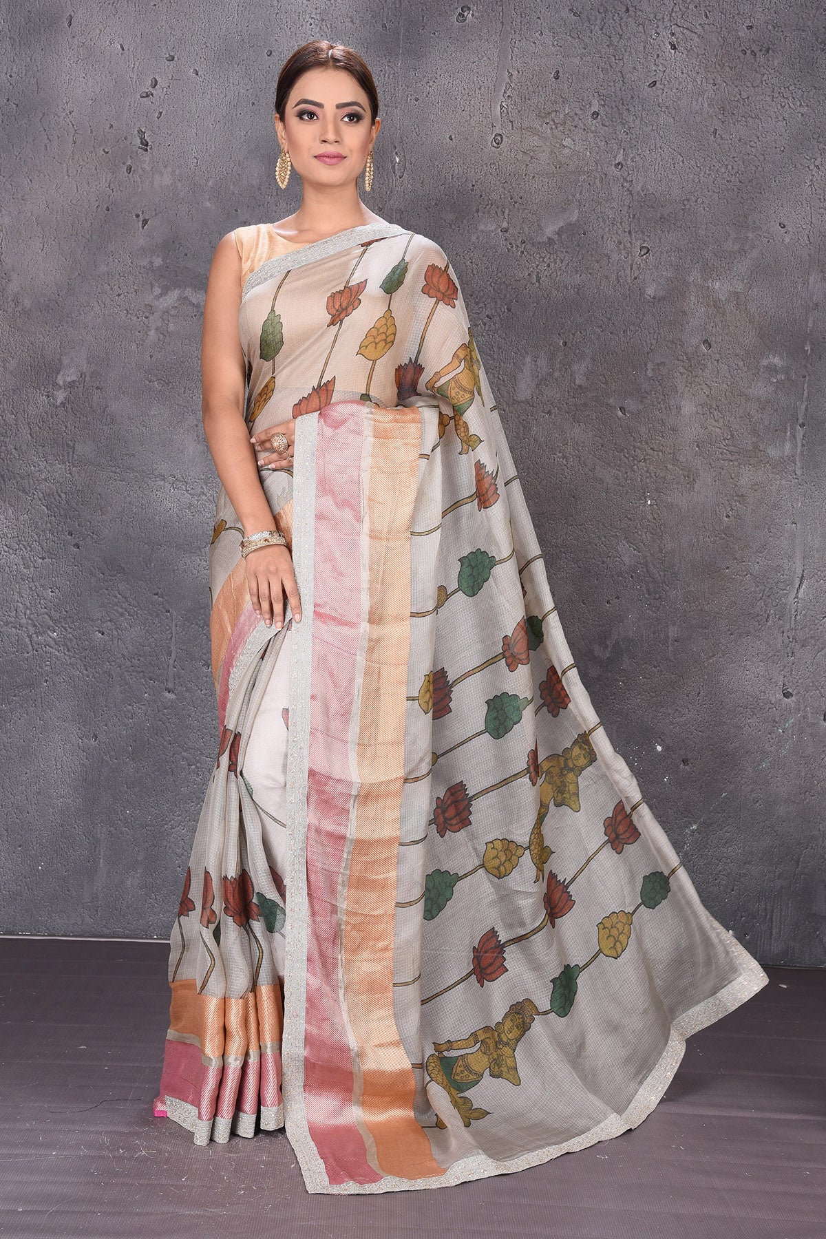 Buy stunning sage green leaf print Kota silk saree online in USA. Keep your ethnic wardrobe up to date with latest designer sarees, pure silk sarees, handwoven sarees, tussar silk sarees, embroidered sarees from Pure Elegance Indian saree store in USA.-full view
