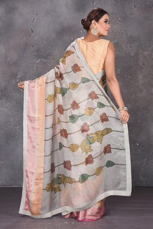 Buy stunning sage green leaf print Kota silk saree online in USA. Keep your ethnic wardrobe up to date with latest designer sarees, pure silk sarees, handwoven sarees, tussar silk sarees, embroidered sarees from Pure Elegance Indian saree store in USA.-back