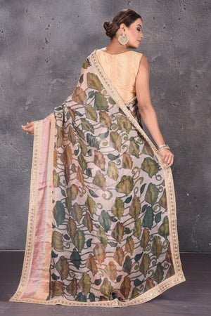 Buy stunning grey printed Kota silk sari online in USA with embroidered zari border. Keep your ethnic wardrobe up to date with latest designer sarees, pure silk sarees, handwoven sarees, tussar silk sarees, embroidered sarees from Pure Elegance Indian saree store in USA.-back