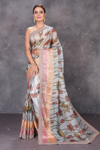 Buy grey printed Kota silk saree online in USA with embroidered zari border. Keep your ethnic wardrobe up to date with latest designer sarees, pure silk sarees, handwoven sarees, tussar silk sarees, embroidered sarees from Pure Elegance Indian saree store in USA.-full view