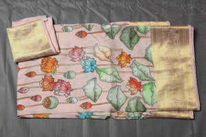 Buy powder pink printed Kanjeevaram silk saree online in USA with zari border. Keep your ethnic wardrobe up to date with latest designer sarees, pure silk sarees, handwoven sarees, tussar silk sarees, embroidered sarees from Pure Elegance Indian saree store in USA.-blouse