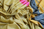 Buy beautiful yellow and blue striped cotton saree online in USA with pink border. Look beautiful on special occasions in this beautiful designer sarees, printed sarees, embroidered sarees, fancy sarees, partywear sarees from Pure Elegance Indian saree store in USA.-full view
