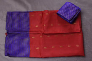 Buy stunning red Gadhwal silk saree online in USA with blue border and buta. Enrich your ethnic wardrobe with traditional Indian sarees, designer sarees. embroidered sarees, pure silk sarees, handwoven sarees, Kanchipuram sarees, Banarasi saris from Pure Elegance Indian saree store in USA.-blouse