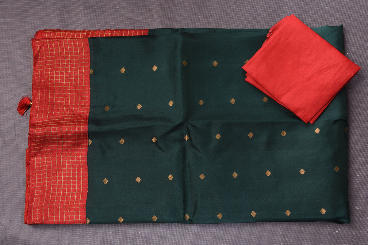 Buy beautiful dark green Gadhwal silk saree online in USA with red border and buta. Enrich your ethnic wardrobe with traditional Indian sarees, designer sarees. embroidered sarees, pure silk sarees, handwoven sarees, Kanchipuram sarees, Banarasi saris from Pure Elegance Indian saree store in USA.-blouse